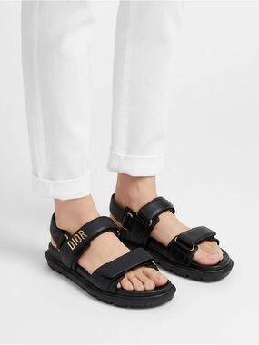 CHRISTAIN DIOR Dioract Lambskin Leather Sandals Black Size 37.5